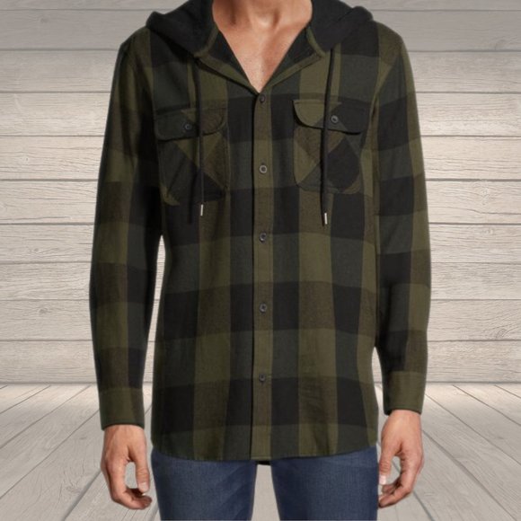 No Boundaries Men's Hooded Flannel Shirt Army Green and Black Checked - Picture 5 of 10